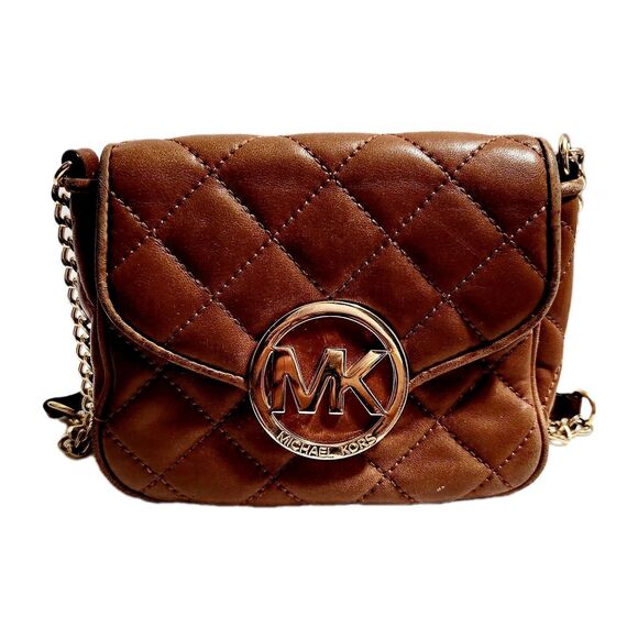 Michael Kors MK Small Chain Fulton Quilted Brown Leather Crossbody Bag Purse - Picture 12 of 12